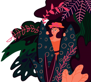 en teckning av en kvinna som tittar fram mellan löv i en djungel